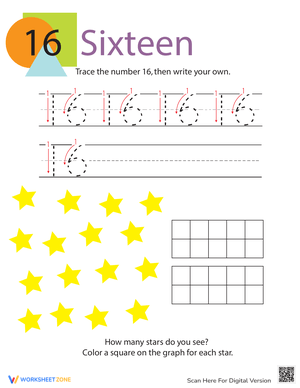 Tracing and Counting Number 16 for Kindergarten 