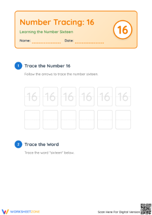 Essential Number 16 Worksheet: Trace, Count & Recognize