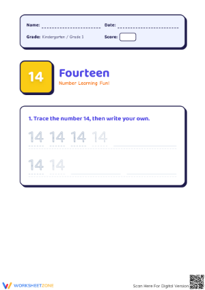 Number 14 Trace & Count Worksheet | Essential Grade K