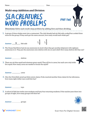 Sea Creatures Themed Word Problems Worksheet