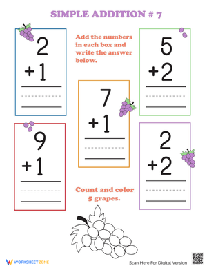Preschool Addition Worksheet: Sums up to 7