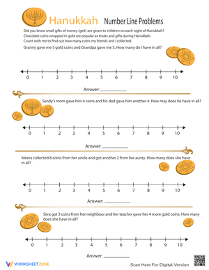 Hanukkah Number Line Problems: Gelt Edition