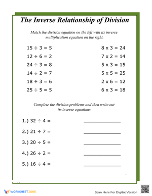Inverse Equations Division Worksheet