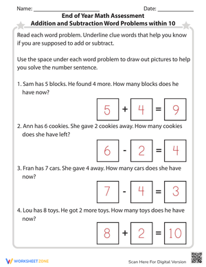 End-of-Year Math: Addition & Subtraction Word Problems