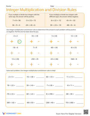 Integer Multiplication and Division Rules Worksheet