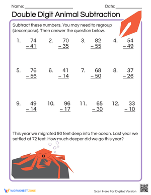 Double Digit Animal Subtraction Worksheet