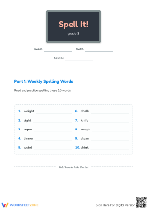 Printable Grade 3 Spelling Worksheet: Weekly Words #1