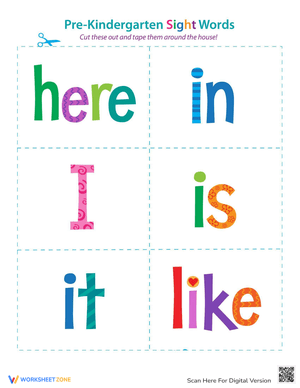 Pre-Kindergarten Sight Words Cut-Out Activity