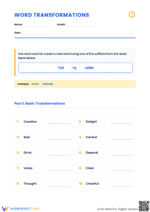 Printable Word Transformations Suffix Worksheet | Grade 4