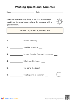 Grade 1 Summer Writing Questions — Printable Worksheet