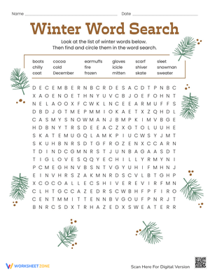 Winter Word Search with Seasonal Vocabulary for Kids