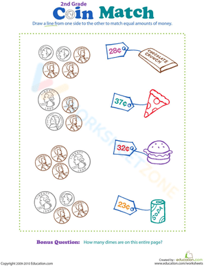 Second Grade Coin Matching Worksheet