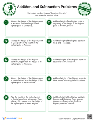 Elevations: Add and Subtract Problems Worksheet