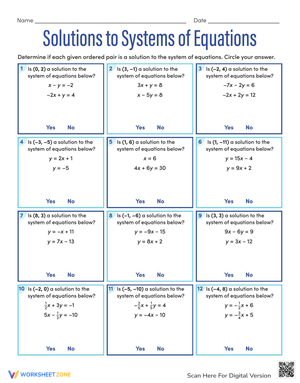 Solutions to Systems of Equations Worksheet
