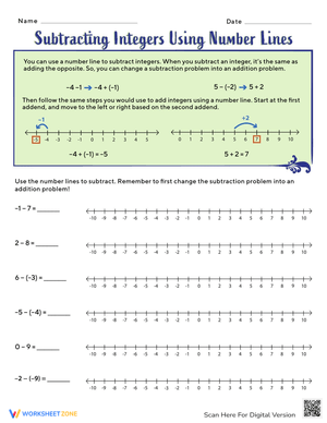 Subtracting Integers Using Number Lines Worksheet