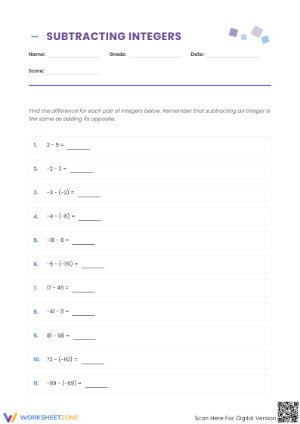 Printable Subtracting Integers Worksheet | Grade 7 Math