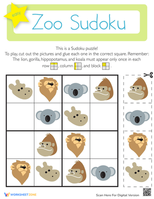 Zoo Animals Sudoku for Kindergarten