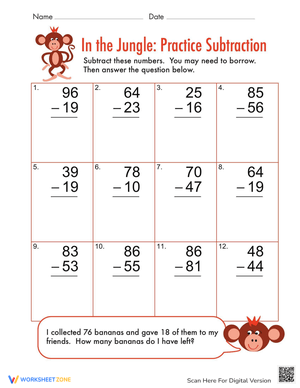 Practice Subtraction with Monkey Worksheet