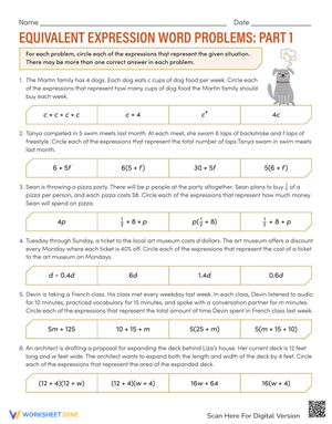 Equivalent Expression Word Problems Worksheet