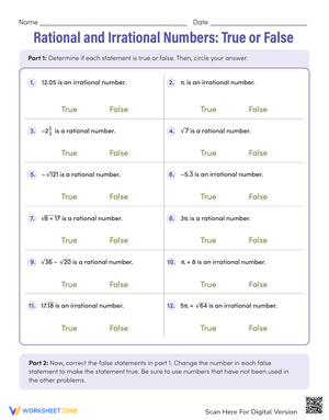 True and False: Rational and Irrational Numbers