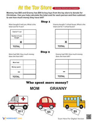 Toy Store Money Math Worksheet