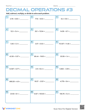 Decimal Operations Worksheet