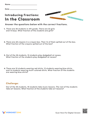 Introducing Fractions Classroom Worksheet