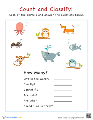 Count and Classify Animals Worksheet