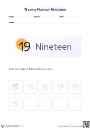 Essential Tracing Number 19 Worksheet | Kindergarten Math