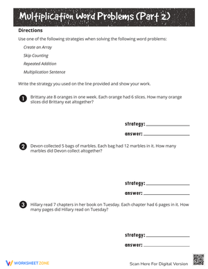 Arrays Multiplication Word Problems: Part Two Worksheet
