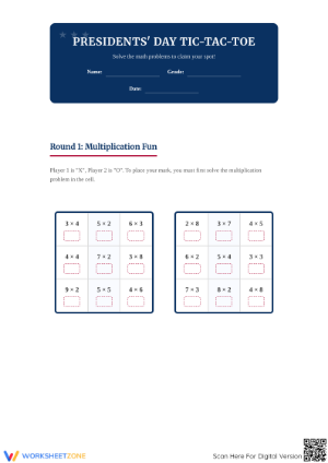 Printable President's Day Math Tic-Tac-Toe - Grade 3