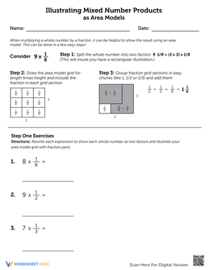 Illustrating Mixed Number Products Worksheet