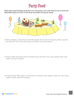 Subtraction Party Food Worksheet