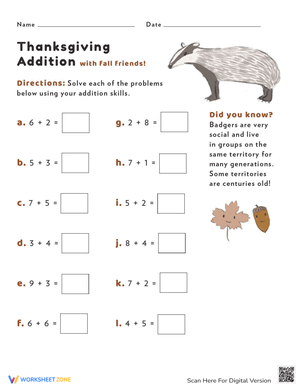 Thanksgiving Addition Math Worksheet