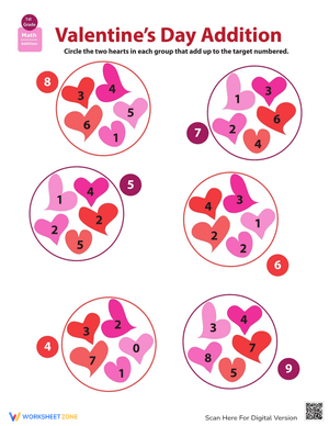 Holiday Math Valentine's Day Addition Worksheet