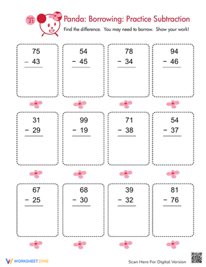Panda Subtraction Math Worksheet