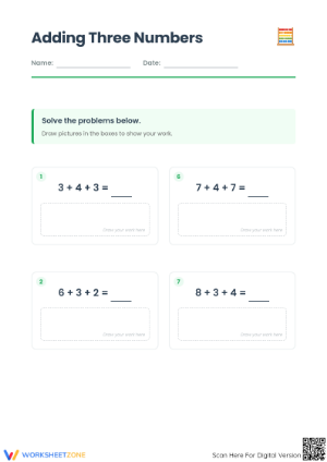 1.OA.C.6 Worksheet: Adding Three Numbers — Grade 1 Aligned