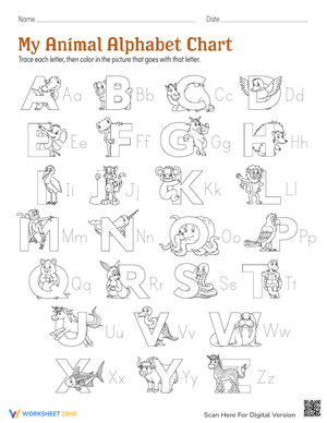 Animal Alphabet Coloring and Tracing Chart 