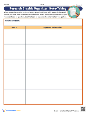 Research Graphic Organizer: Note-Taking Template