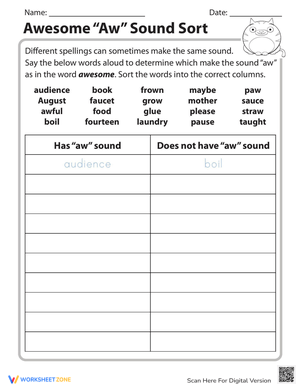 Awesome 'aw' Sound Sort: Phonics Practice