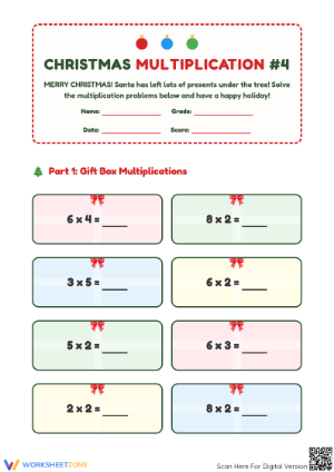Christmas Multiplication Worksheet | Printable Grade 3-4