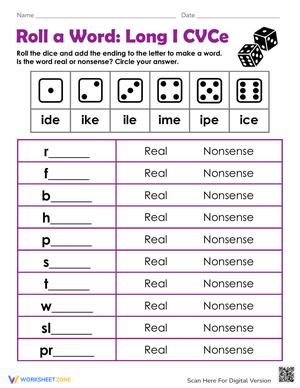 Roll a Word: Long I CVCe Worksheet
