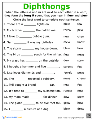 Explore Vowel Diphthongs with 'ew' Worksheet