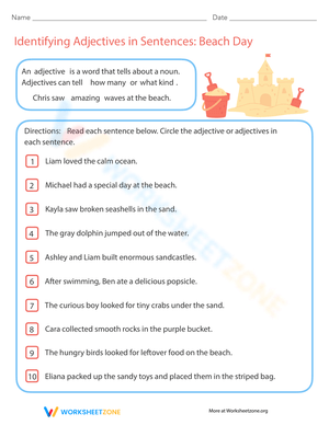 Identifying Adjectives in Sentences: Beach Day