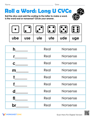 Roll a Word: Long U CVCe Worksheet