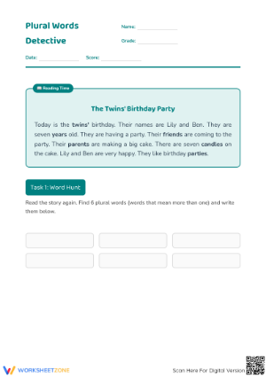 Grade 2-3 Plural Nouns — Printable No-Prep Worksheet