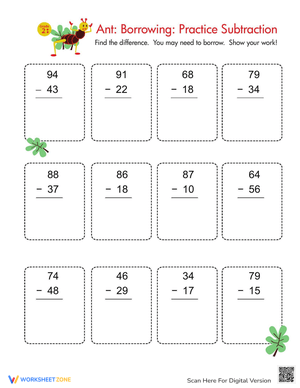 Ant Subtraction Worksheet for Kids