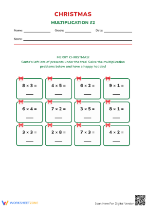 Printable Christmas Multiplication Worksheet - Grades 3-4
