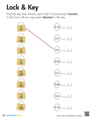 Decimals Lock and Key Worksheet