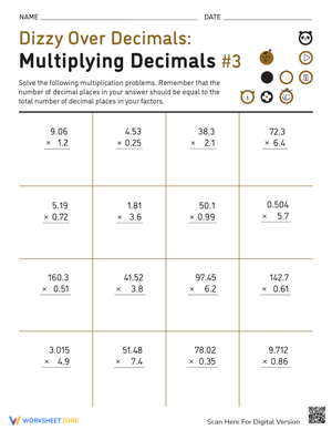 Dizzy Decimals Multiplication: Fun Practice Worksheet